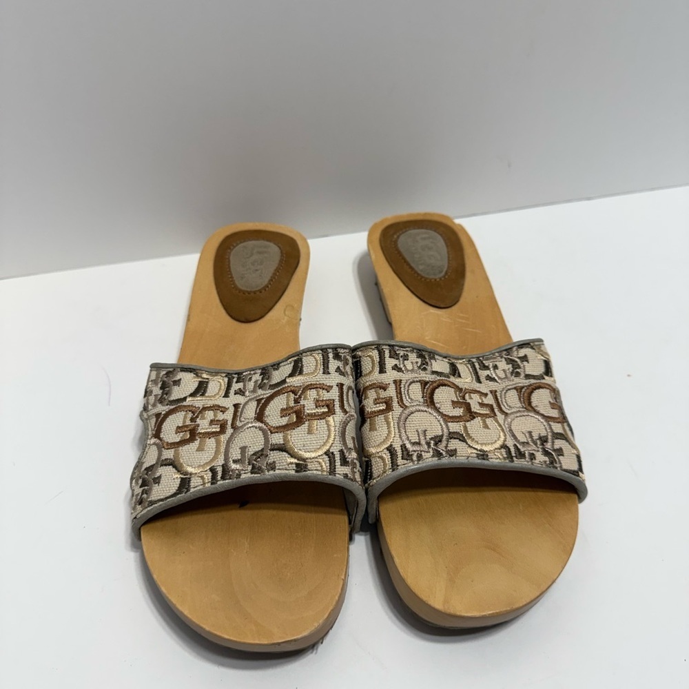 UGG logo canvas‎ wood slide sandals or clogs. Beach, Boho, Summer Time Casual 7